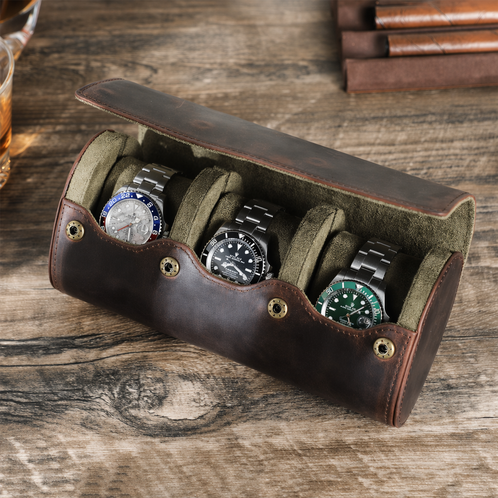 The Ovum Roll — Crazy Horse Leather Egg-Shaped Watch Travel Case