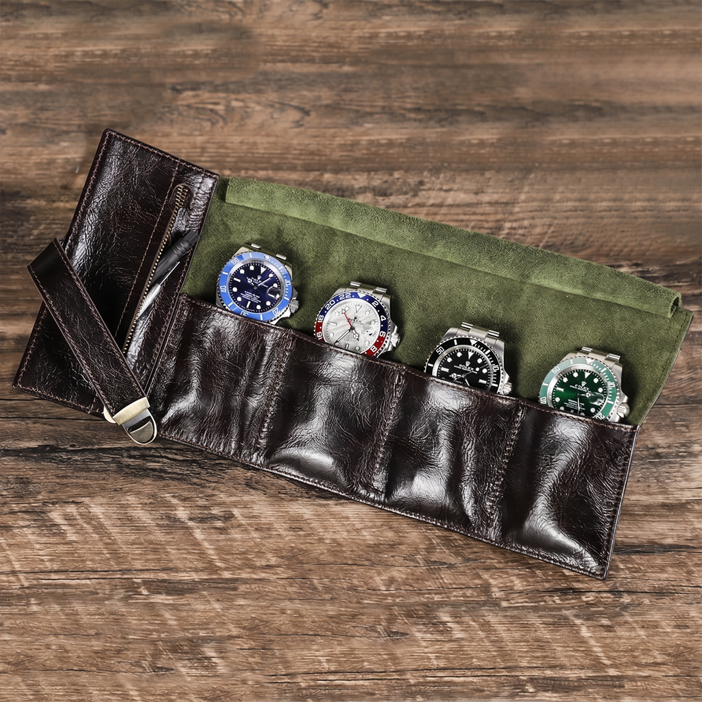 The Waymark Roll — Full-Grain Leather 4-Watch Travel Case