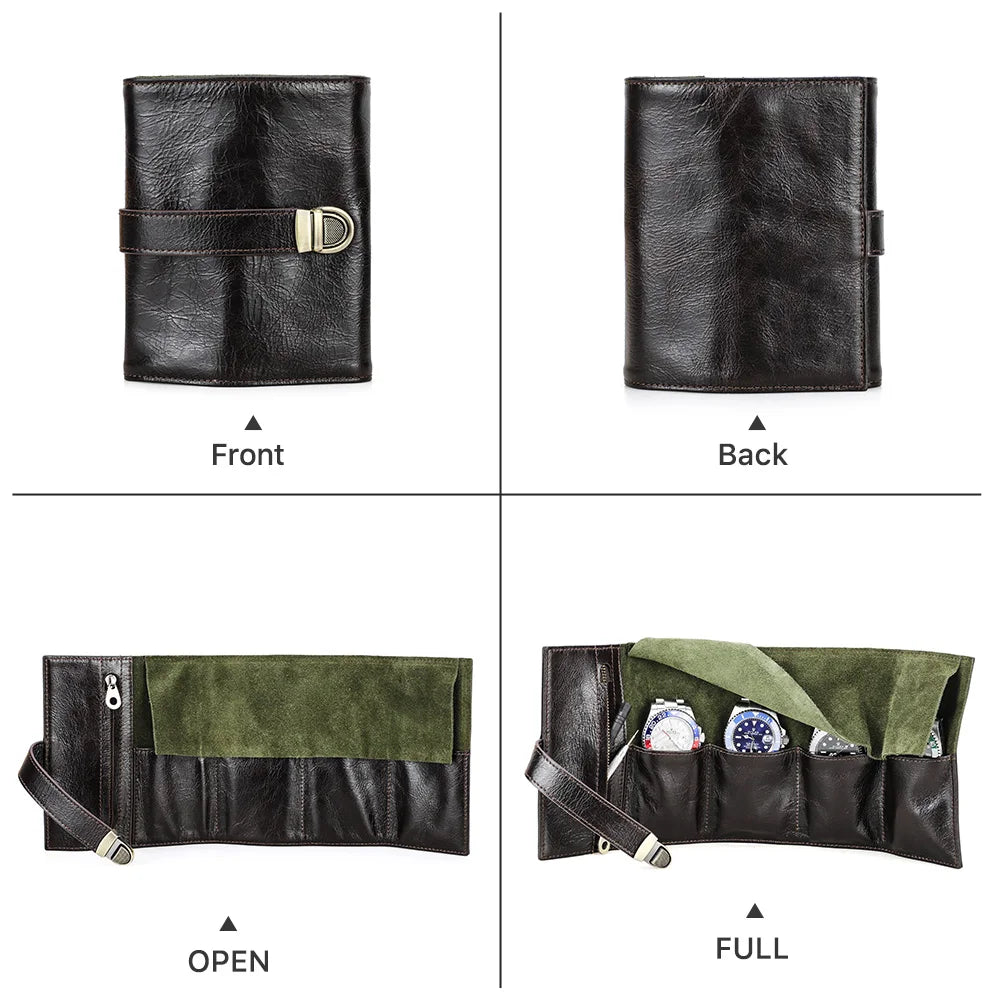 The Waymark Roll — Full-Grain Leather 4-Watch Travel Case