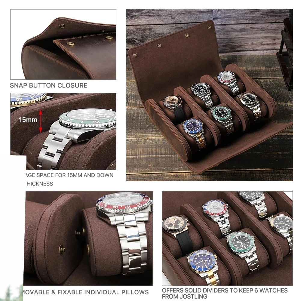 The Folded 6/8 — Crazy Horse Leather 6-Watch Travel Roll Case