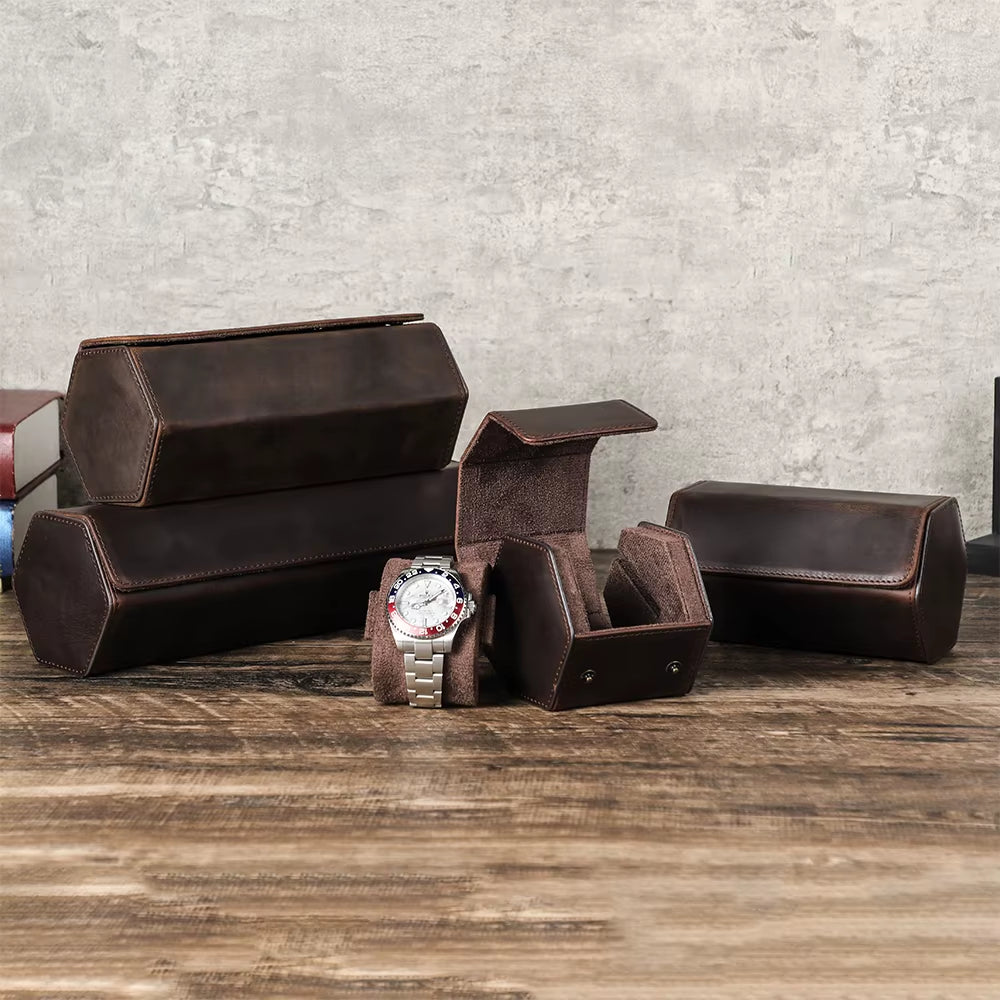 The Barrel Vault — Crazy Horse Leather 4-Watch Travel Case