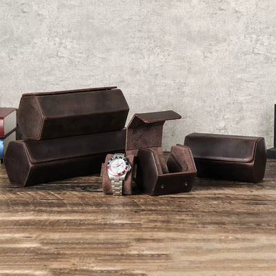 The Barrel Vault — Crazy Horse Leather 4-Watch Travel Case
