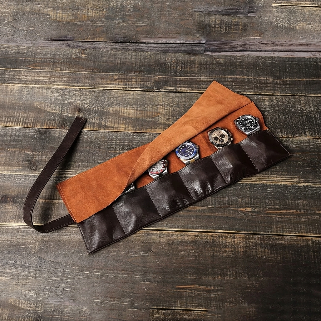 The Traverse Roll — Wax Leather 6-Watch Travel Roll