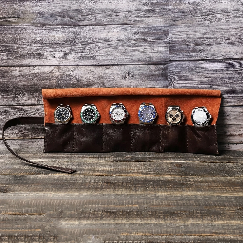 The Traverse Roll — Wax Leather 6-Watch Travel Roll