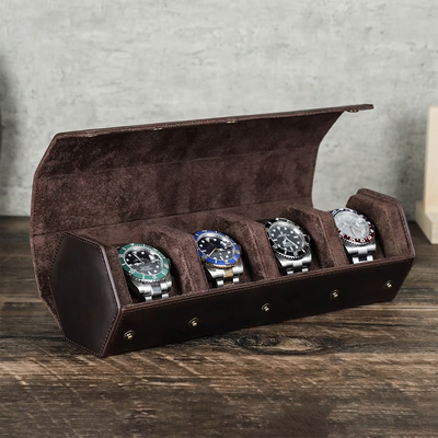 The Barrel Vault — Crazy Horse Leather 4-Watch Travel Case