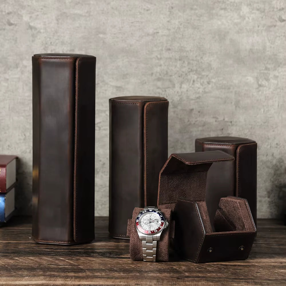 The Barrel Vault — Crazy Horse Leather 4-Watch Travel Case