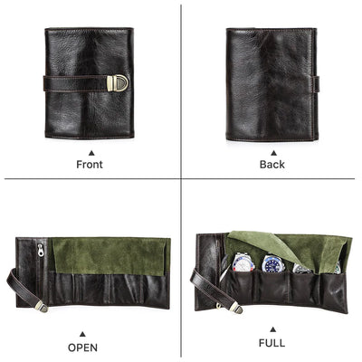 The Waymark Roll — Full-Grain Leather 4-Watch Travel Case
