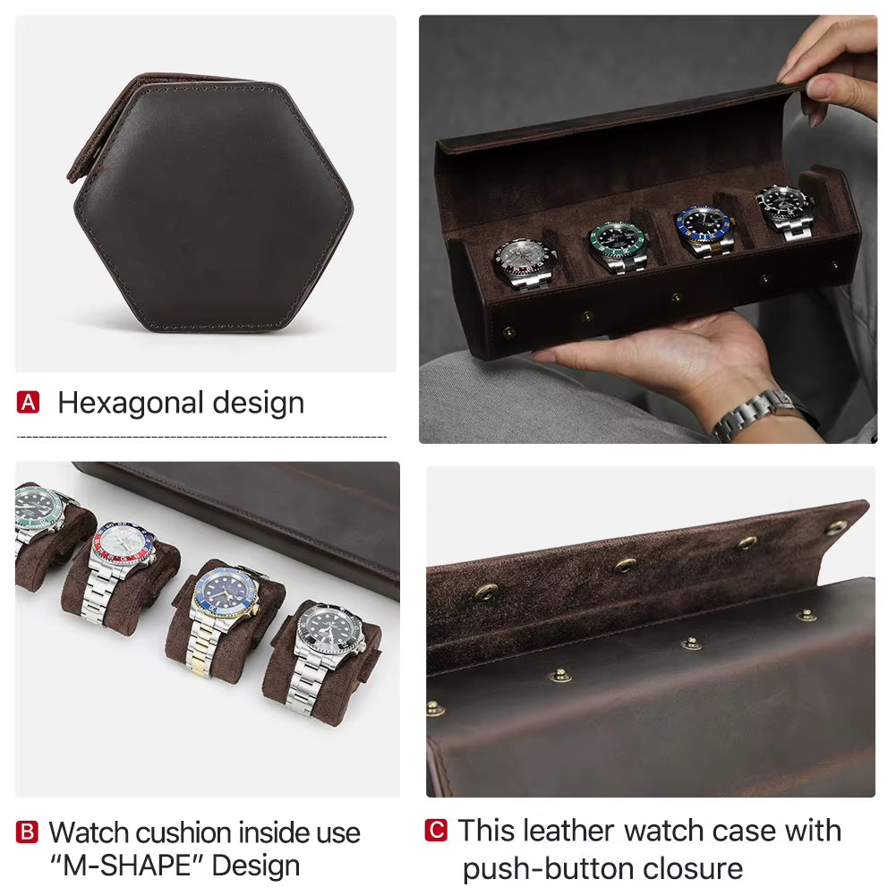 The Barrel Vault — Crazy Horse Leather 4-Watch Travel Case