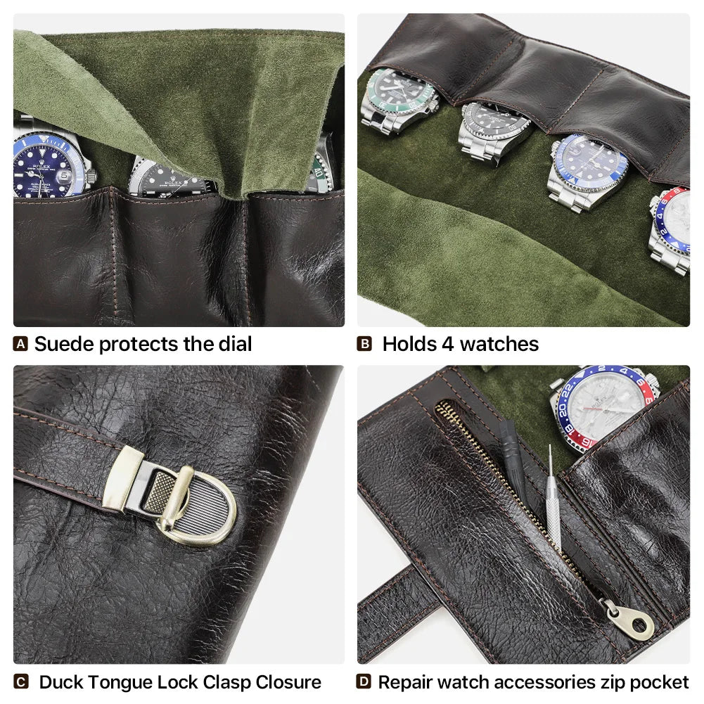 The Waymark Roll — Full-Grain Leather 4-Watch Travel Case