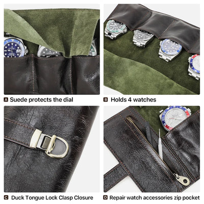 The Waymark Roll — Full-Grain Leather 4-Watch Travel Case