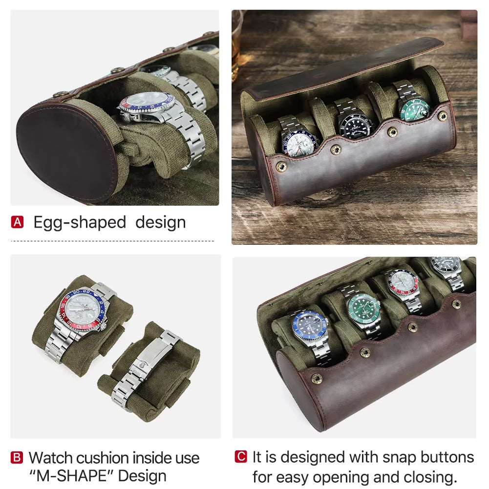 The Ovum Roll — Crazy Horse Leather Egg-Shaped Watch Travel Case
