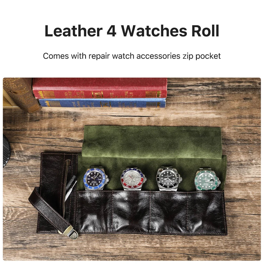 The Waymark Roll — Full-Grain Leather 4-Watch Travel Case