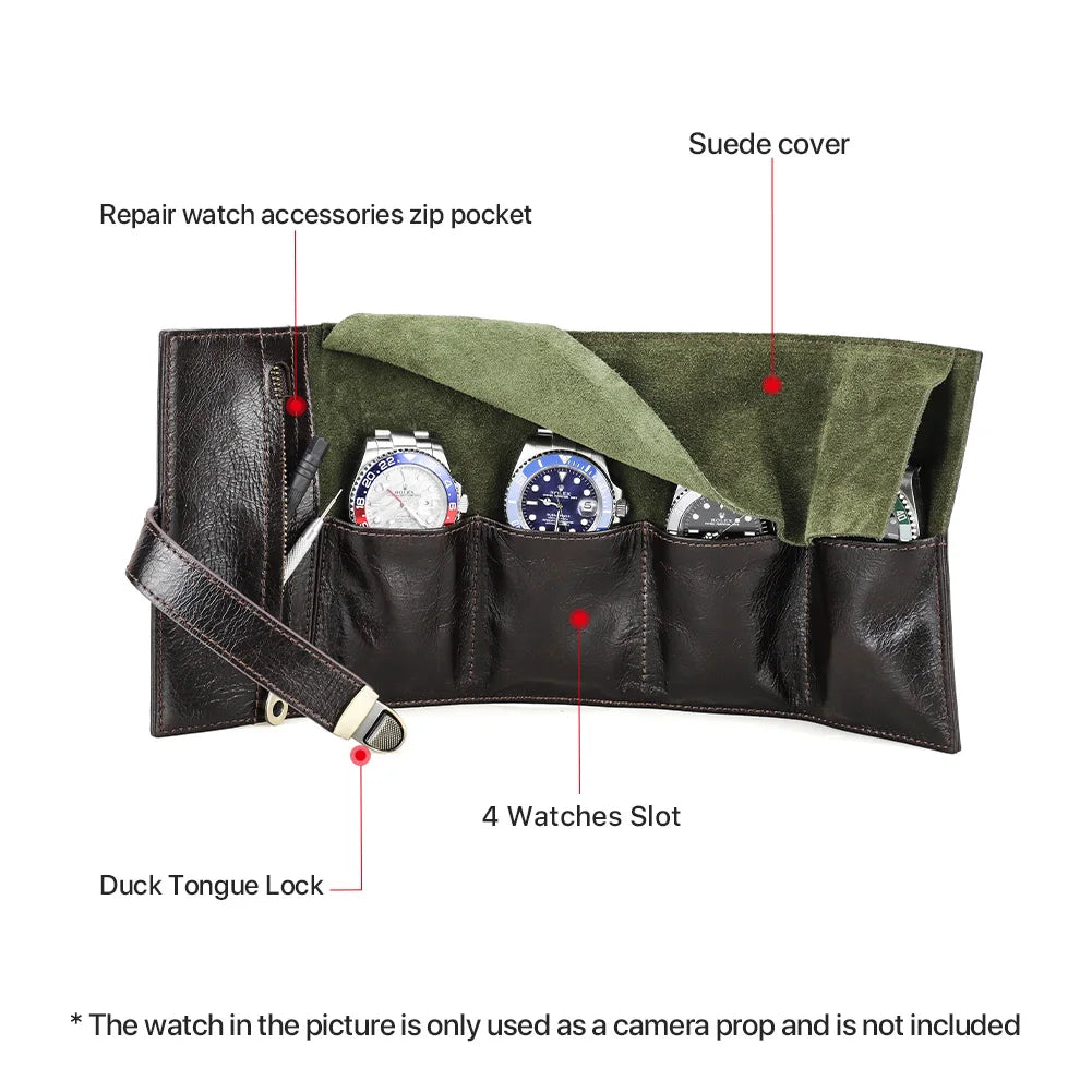 The Waymark Roll — Full-Grain Leather 4-Watch Travel Case