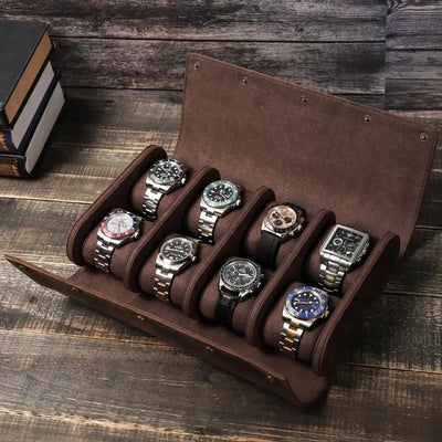The Folded 6/8 — Crazy Horse Leather 6-Watch Travel Roll Case