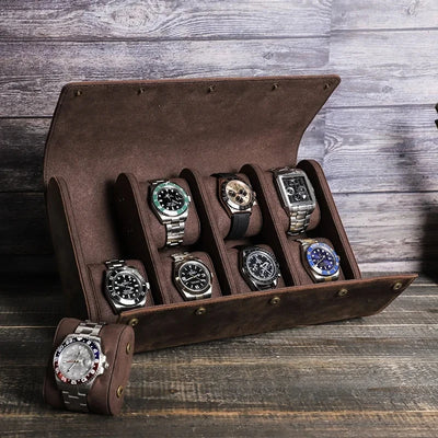 The Folded 6/8 — Crazy Horse Leather 6-Watch Travel Roll Case