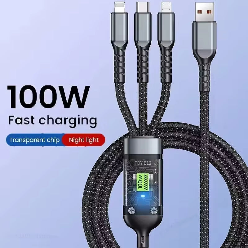 3-in-1 Transparent 100W Fast Charging Braided Cable